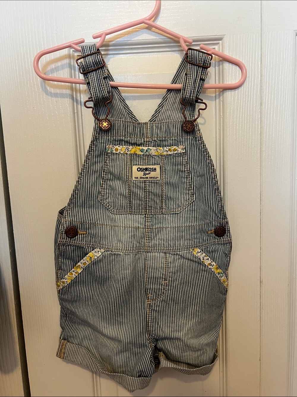 OshKosh B'gosh Blue and White Pinstripe Short Overalls with Yellow Floral Trim